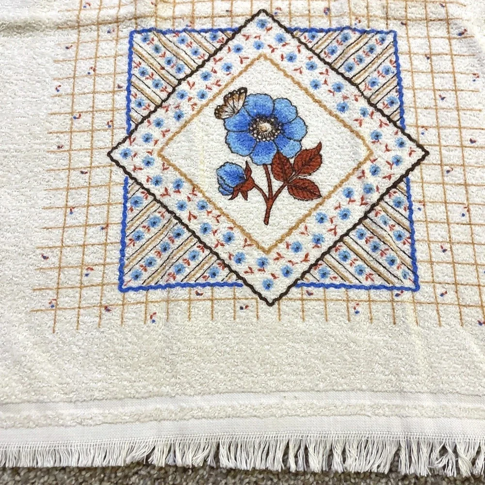 VTG CANNON Hand Kitchen Towel Fringe 70s NOS Blue Rose Butterfly Flower‎
